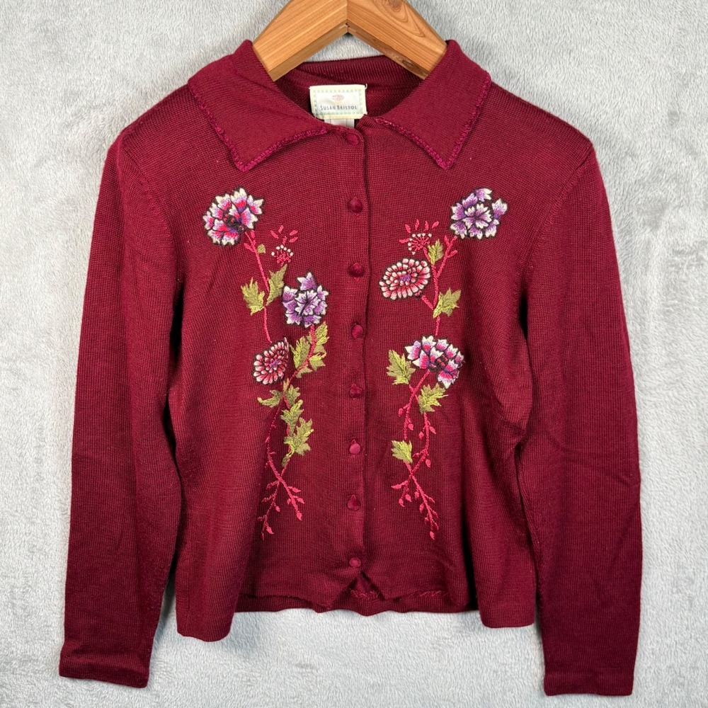 Susan Bristol Cardigan Women M Burgundy L/S Floral Hand Embroidered Knit Sweater